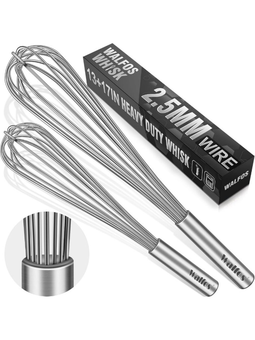Large Stainless Steel Whisk Set of 2 - Heavy Duty for Beating Eggs & Mixing
